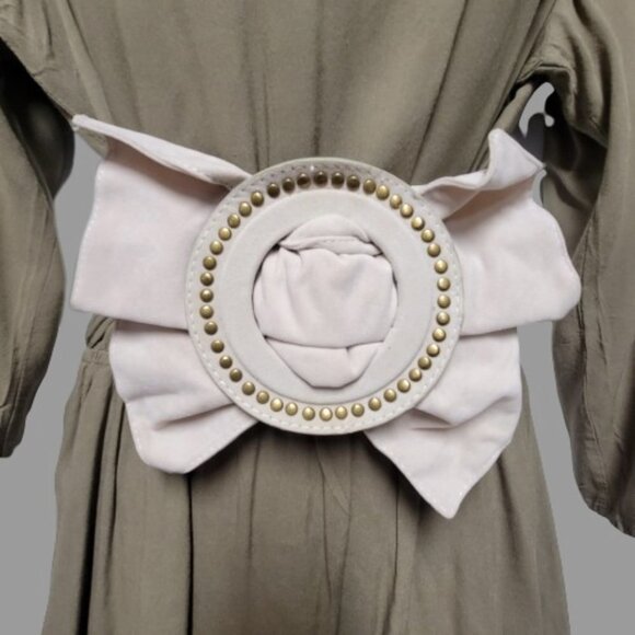 OVERSIZED Buckle Belt Large Ruffle Studded Buckle Grey Cream Womens Vintage Belt - Picture 4 of 16